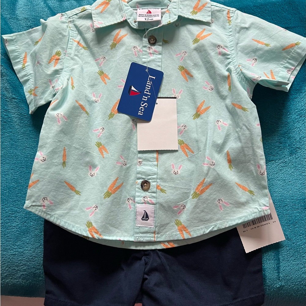 Land n Sea Mint Green Bunny Print Kids Shirt shorts. Easter boy sz 12 months NWT